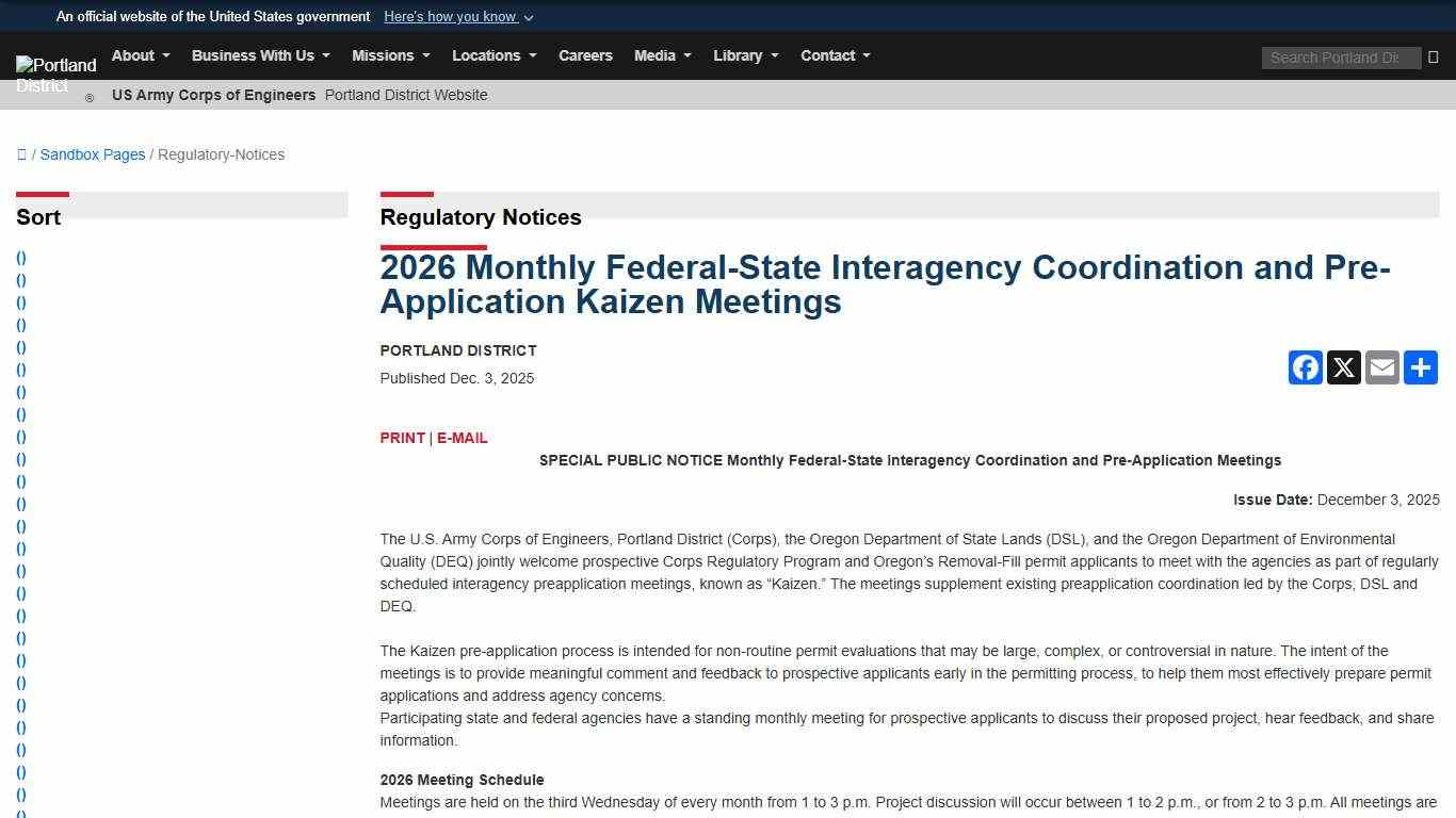 2026 Monthly Federal-State Interagency Coordination and Pre-Application Kaizen Meetings > Portland District > Regulatory-Notices